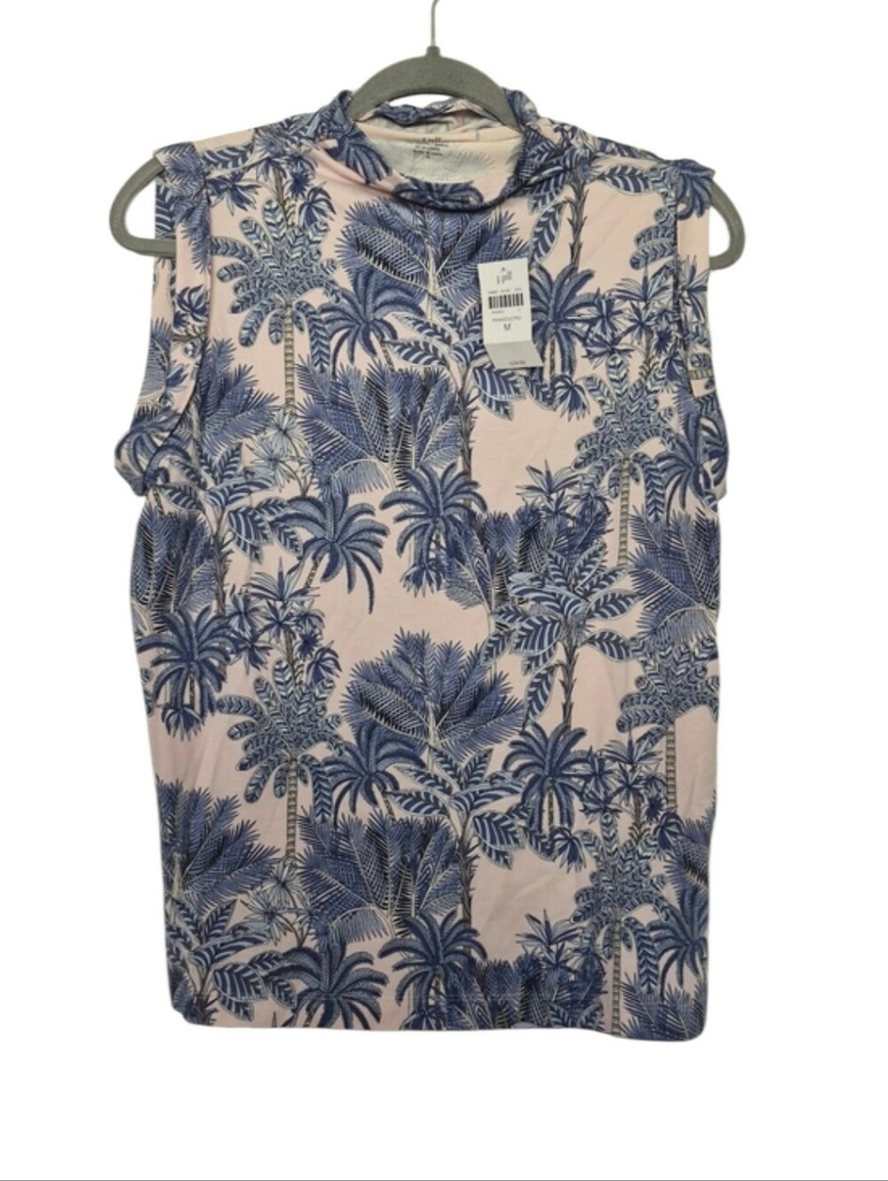 J.Jill Luxe Supima Shirred Mock Neck Top M Pink Blue Tropical Palm Print NWT